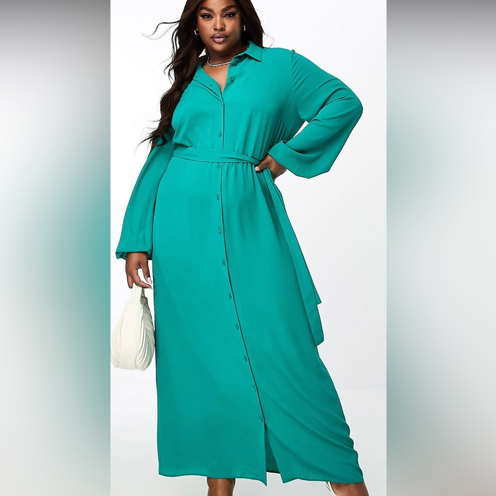 ASOS DESIGN Curve tie front button up maxi shirt dress in green